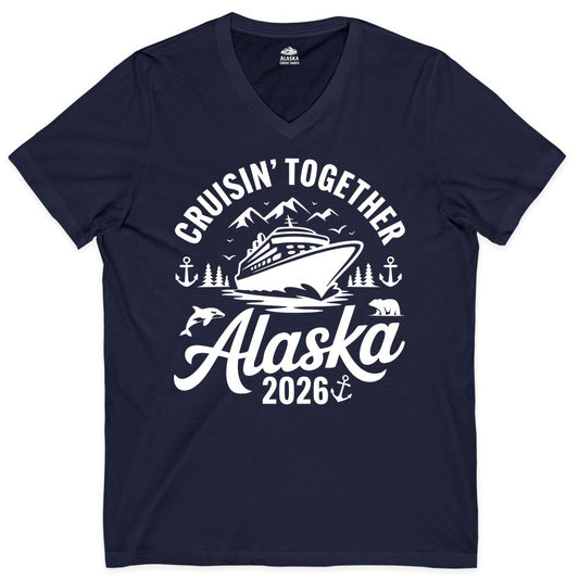 Alaska Cruise Shirt - Family Cruise Apparel for Alaska 2026 Trips (V-Neck) in Navy - Alaska Cruise Adventure Shirt - Wildlife Mountains Nautical 2026