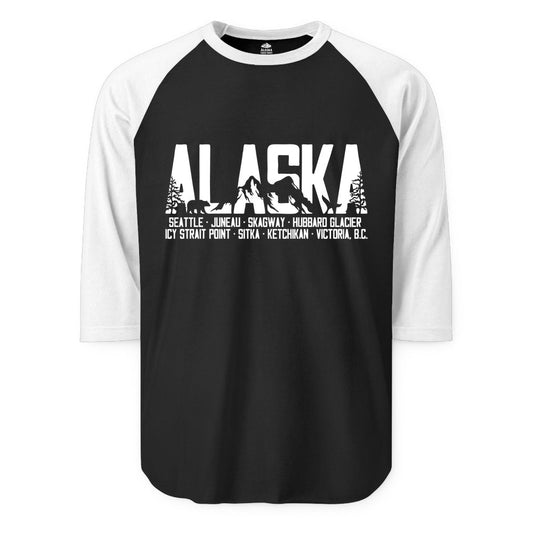 Alaska Cruise Shirt - Wildlife Travel Souvenir Apparel for Vacations (Raglan) in BlackWhite - Alaska Cruise Silhouette Wildlife Destinations Shirt Seattle Juneau
