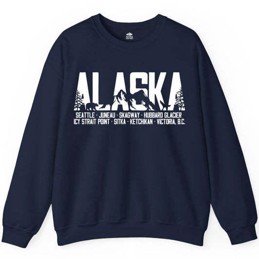 Alaska Cruise Shirt - Wildlife Travel Souvenir Apparel for Vacations (Sweatshirt) in Navy - Alaska Cruise Silhouette Wildlife Destinations Shirt Seattle Juneau