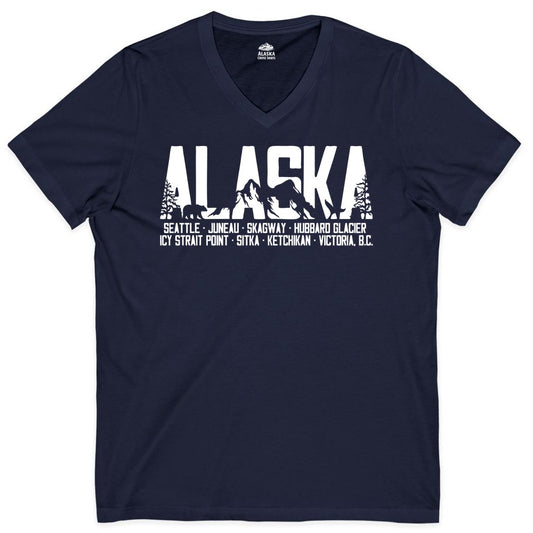 Alaska Cruise Shirt - Wildlife Travel Souvenir Apparel for Vacations (V-Neck) in Navy - Alaska Cruise Silhouette Wildlife Destinations Shirt Seattle Juneau