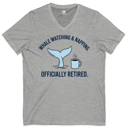 Retired Whale Watching Shirt - Funny Retirement Gift for Nature Lovers (V-Neck) in Athletic Heather - Retired Whale Watching and Napping Shirt - Alaska Cruise Coffee Tee