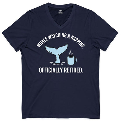 Retired Whale Watching Shirt - Funny Retirement Gift for Nature Lovers (V-Neck) in Navy - Retired Whale Watching and Napping Shirt - Alaska Cruise Coffee Tee
