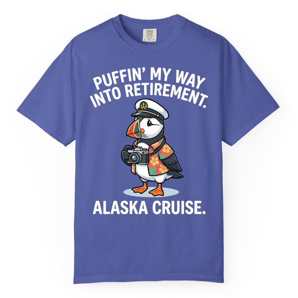 Retirement Alaska Cruise Shirt - Funny Puffin Graphic Tee Gift (Comfort Color) in Periwinkle - Puffin Cartoon Retirement Alaska Cruise Shirt - Funny Captain Tee