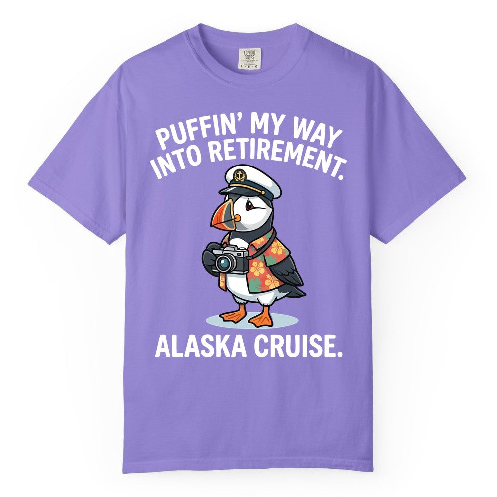 Retirement Alaska Cruise Shirt - Funny Puffin Graphic Tee Gift (Comfort Color) in Violet - Puffin Cartoon Retirement Alaska Cruise Shirt - Funny Captain Tee