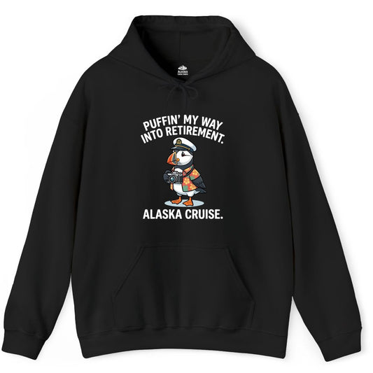 Retirement Alaska Cruise Shirt - Funny Puffin Graphic Tee Gift (Hoodie) in Black - Puffin Cartoon Retirement Alaska Cruise Shirt - Funny Captain Tee