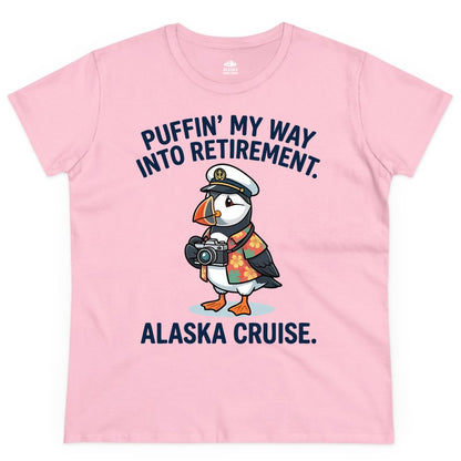 Retirement Alaska Cruise Shirt - Funny Puffin Graphic Tee Gift (Ladies Tee) in Light Pink - Puffin Cartoon Retirement Alaska Cruise Shirt - Funny Captain Tee