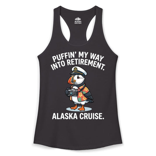 Retirement Alaska Cruise Shirt - Funny Puffin Graphic Tee Gift (Ladies Tank) in Black - Puffin Cartoon Retirement Alaska Cruise Shirt - Funny Captain Tee