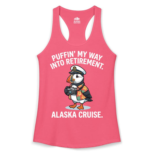 Retirement Alaska Cruise Shirt - Funny Puffin Graphic Tee Gift (Ladies Tank) in Hot Pink - Puffin Cartoon Retirement Alaska Cruise Shirt - Funny Captain Tee