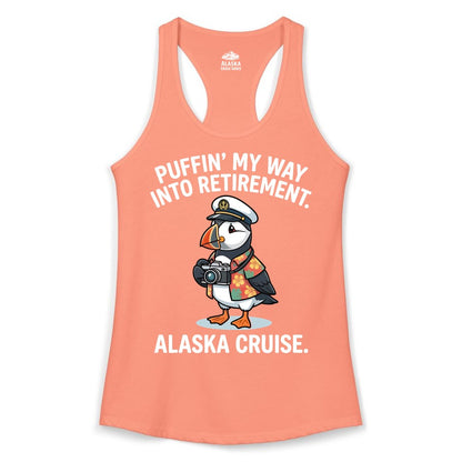 Retirement Alaska Cruise Shirt - Funny Puffin Graphic Tee Gift (Ladies Tank) in Solid Light Orange - Puffin Cartoon Retirement Alaska Cruise Shirt - Funny Captain Tee