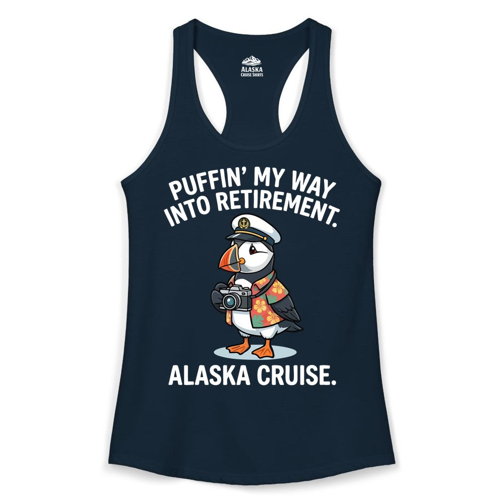 Retirement Alaska Cruise Shirt - Funny Puffin Graphic Tee Gift (Ladies Tank) in Solid Midnight Navy - Puffin Cartoon Retirement Alaska Cruise Shirt - Funny Captain Tee
