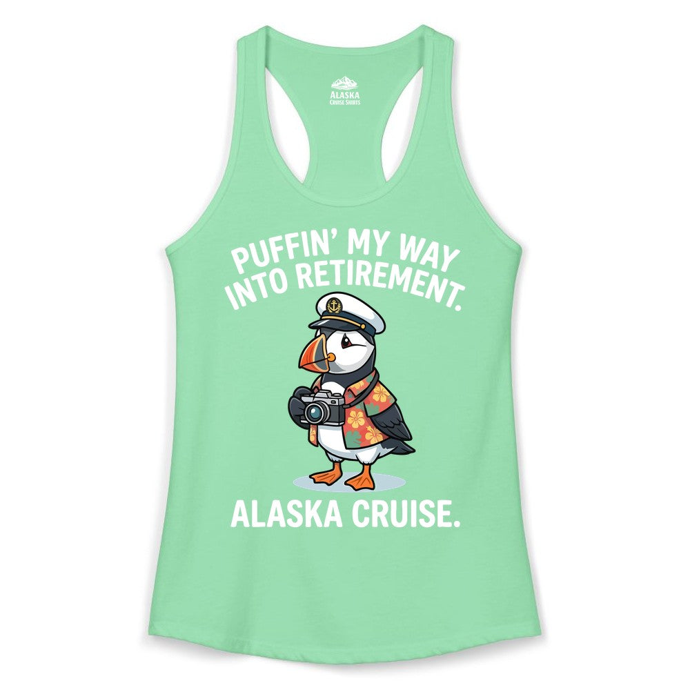 Retirement Alaska Cruise Shirt - Funny Puffin Graphic Tee Gift (Ladies Tank) in Solid Mint - Puffin Cartoon Retirement Alaska Cruise Shirt - Funny Captain Tee