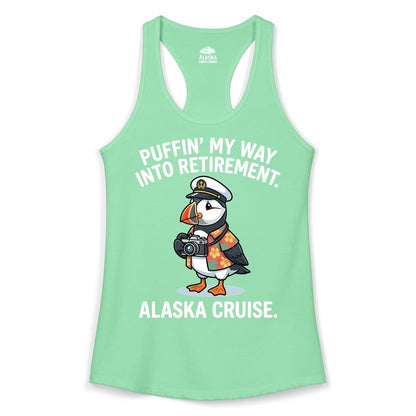 Retirement Alaska Cruise Shirt - Funny Puffin Graphic Tee Gift (Ladies Tank) in Solid Mint - Puffin Cartoon Retirement Alaska Cruise Shirt - Funny Captain Tee