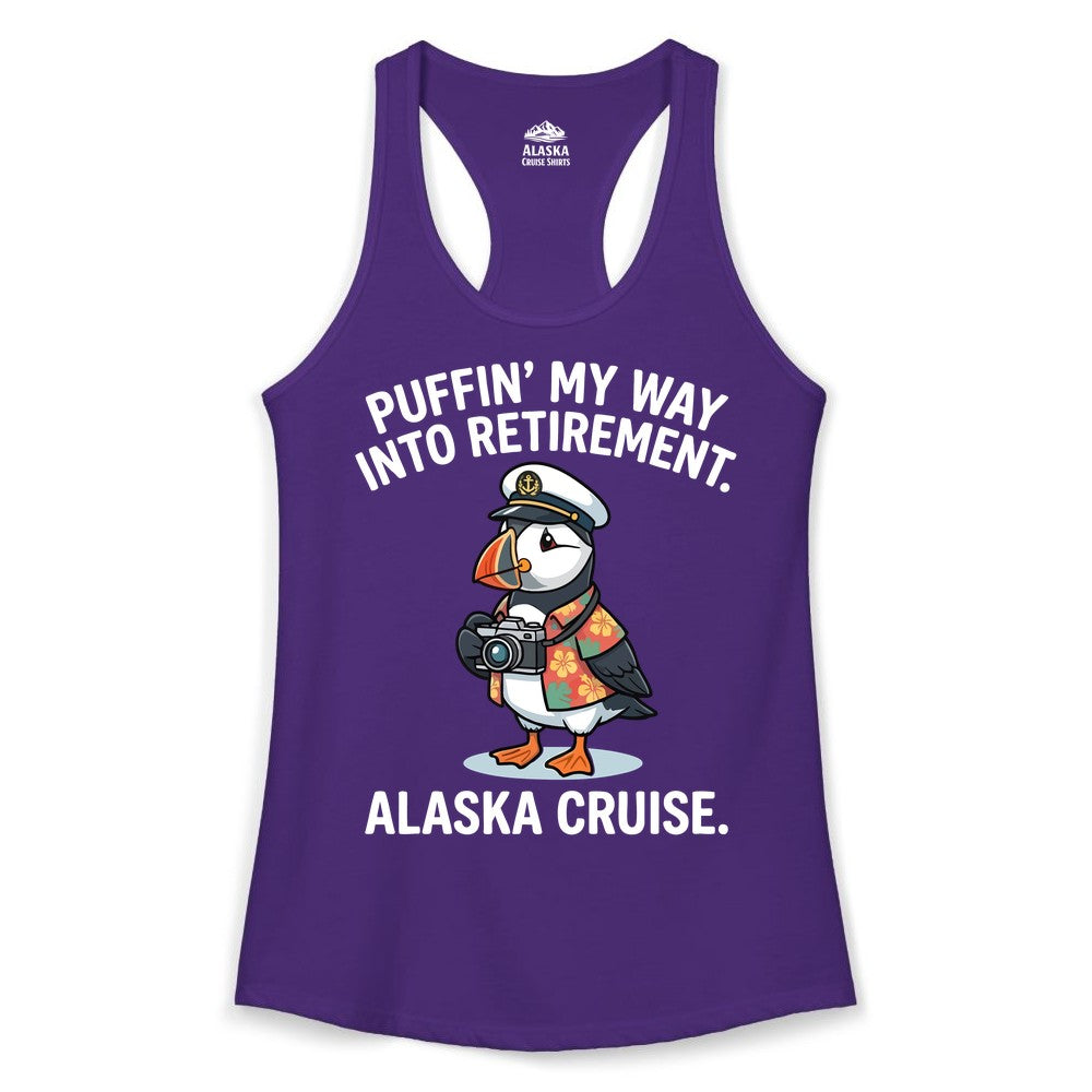 Retirement Alaska Cruise Shirt - Funny Puffin Graphic Tee Gift (Ladies Tank) in Solid Purple Rush - Puffin Cartoon Retirement Alaska Cruise Shirt - Funny Captain Tee