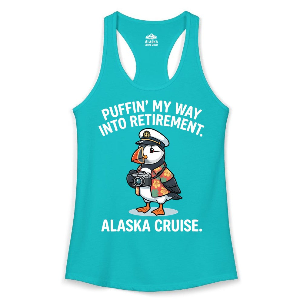 Retirement Alaska Cruise Shirt - Funny Puffin Graphic Tee Gift (Ladies Tank) in Tahiti Blue - Puffin Cartoon Retirement Alaska Cruise Shirt - Funny Captain Tee