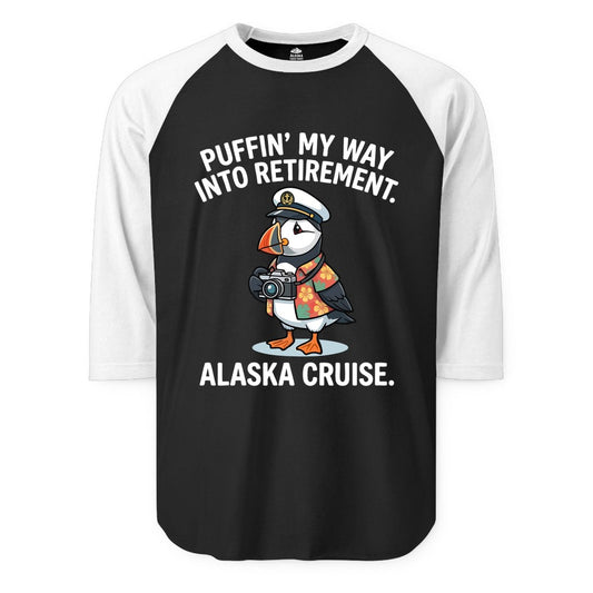 Retirement Alaska Cruise Shirt - Funny Puffin Graphic Tee Gift (Raglan) in BlackWhite - Puffin Cartoon Retirement Alaska Cruise Shirt - Funny Captain Tee
