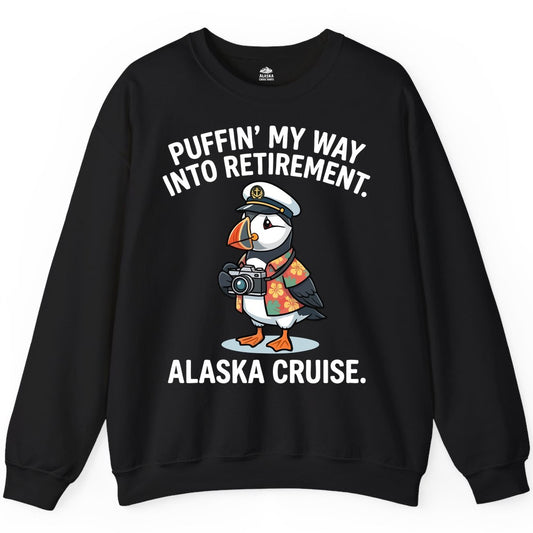 Retirement Alaska Cruise Shirt - Funny Puffin Graphic Tee Gift (Sweatshirt) in Black - Puffin Cartoon Retirement Alaska Cruise Shirt - Funny Captain Tee