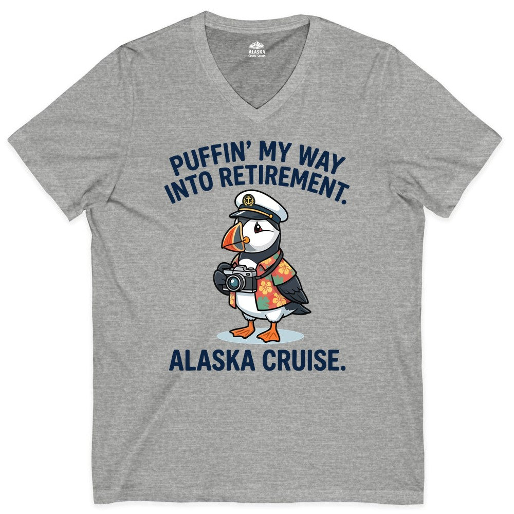 Retirement Alaska Cruise Shirt - Funny Puffin Graphic Tee Gift (V-Neck) in Athletic Heather - Puffin Cartoon Retirement Alaska Cruise Shirt - Funny Captain Tee