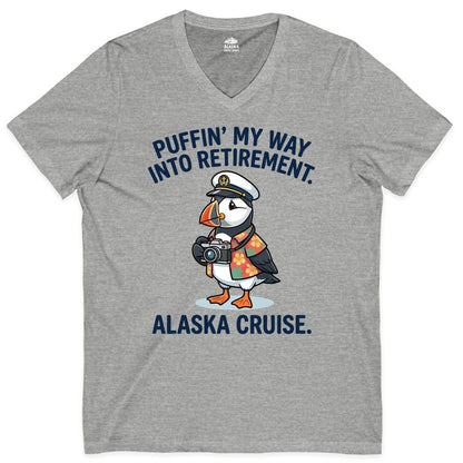 Retirement Alaska Cruise Shirt - Funny Puffin Graphic Tee Gift (V-Neck) in Athletic Heather - Puffin Cartoon Retirement Alaska Cruise Shirt - Funny Captain Tee