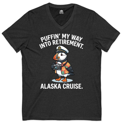 Retirement Alaska Cruise Shirt - Funny Puffin Graphic Tee Gift (V-Neck) in Dark Grey Heather - Puffin Cartoon Retirement Alaska Cruise Shirt - Funny Captain Tee