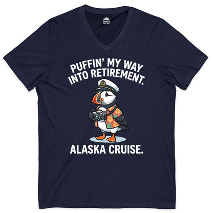 Retirement Alaska Cruise Shirt - Funny Puffin Graphic Tee Gift (V-Neck) in Navy - Puffin Cartoon Retirement Alaska Cruise Shirt - Funny Captain Tee