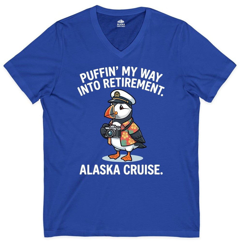 Retirement Alaska Cruise Shirt - Funny Puffin Graphic Tee Gift (V-Neck) in True Royal - Puffin Cartoon Retirement Alaska Cruise Shirt - Funny Captain Tee