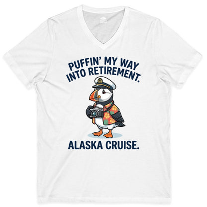 Retirement Alaska Cruise Shirt - Funny Puffin Graphic Tee Gift (V-Neck) in White - Puffin Cartoon Retirement Alaska Cruise Shirt - Funny Captain Tee