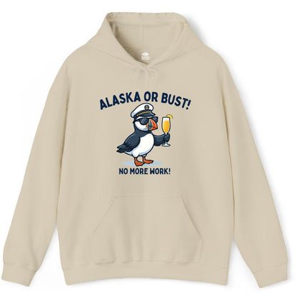 Alaska Cruise Shirt - Funny Puffin Captain Bird Vacation Tee (Hoodie) in Sand - Funny Puffin Captain Alaska Cruise Shirt - No More Work Cartoon Tee