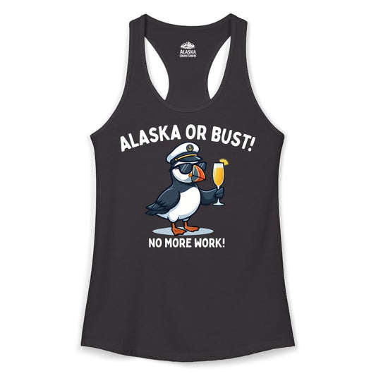 Alaska Cruise Shirt - Funny Puffin Captain Bird Vacation Tee (Ladies Tank) in Black - Funny Puffin Captain Alaska Cruise Shirt - No More Work Cartoon Tee