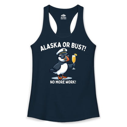 Alaska Cruise Shirt - Funny Puffin Captain Bird Vacation Tee (Ladies Tank) in Solid Midnight Navy - Funny Puffin Captain Alaska Cruise Shirt - No More Work Cartoon Tee