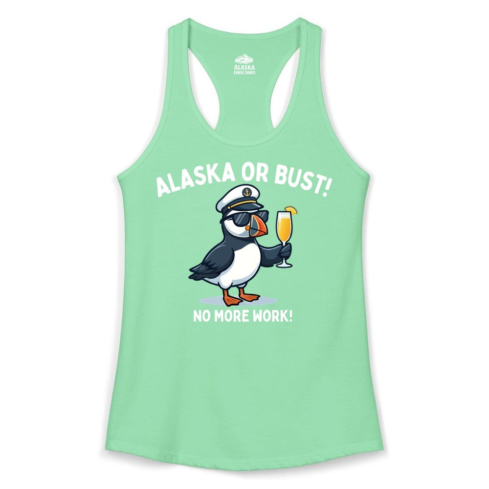 Alaska Cruise Shirt - Funny Puffin Captain Bird Vacation Tee (Ladies Tank) in Solid Mint - Funny Puffin Captain Alaska Cruise Shirt - No More Work Cartoon Tee