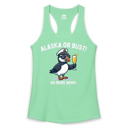 Alaska Cruise Shirt - Funny Puffin Captain Bird Vacation Tee (Ladies Tank) in Solid Mint - Funny Puffin Captain Alaska Cruise Shirt - No More Work Cartoon Tee