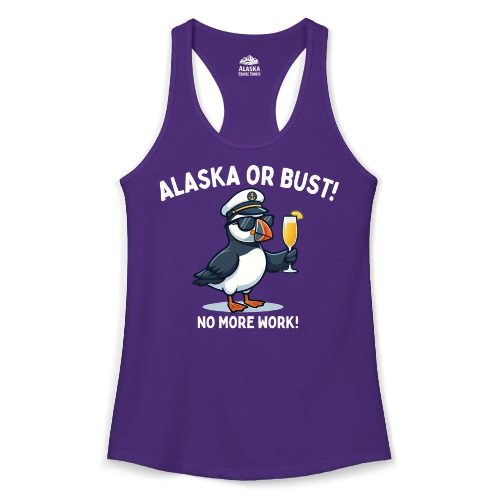 Alaska Cruise Shirt - Funny Puffin Captain Bird Vacation Tee (Ladies Tank) in Solid Purple Rush - Funny Puffin Captain Alaska Cruise Shirt - No More Work Cartoon Tee