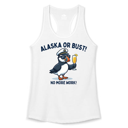 Alaska Cruise Shirt - Funny Puffin Captain Bird Vacation Tee (Ladies Tank) in White - Funny Puffin Captain Alaska Cruise Shirt - No More Work Cartoon Tee