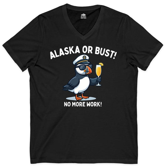 Alaska Cruise Shirt - Funny Puffin Captain Bird Vacation Tee (V-Neck) in Black - Funny Puffin Captain Alaska Cruise Shirt - No More Work Cartoon Tee