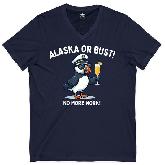 Alaska Cruise Shirt - Funny Puffin Captain Bird Vacation Tee (V-Neck) in Navy - Funny Puffin Captain Alaska Cruise Shirt - No More Work Cartoon Tee
