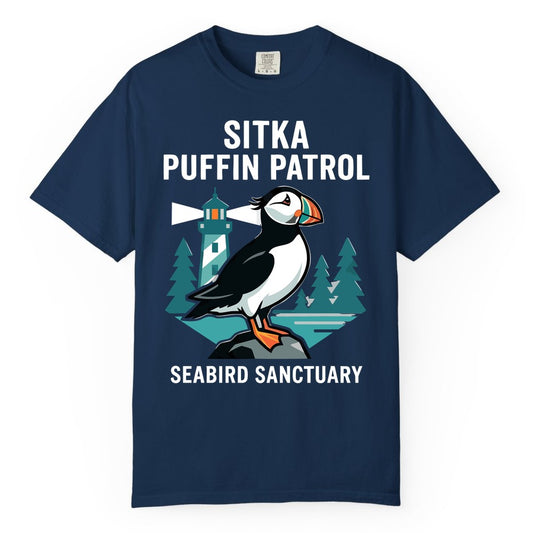 Sitka Puffin Shirt - Bird Sanctuary Tee for Alaska Wildlife Lovers (Comfort Color) in Navy - Sitka Puffin Bird Sanctuary Shirt - Lighthouse and Forest Alaska Tee