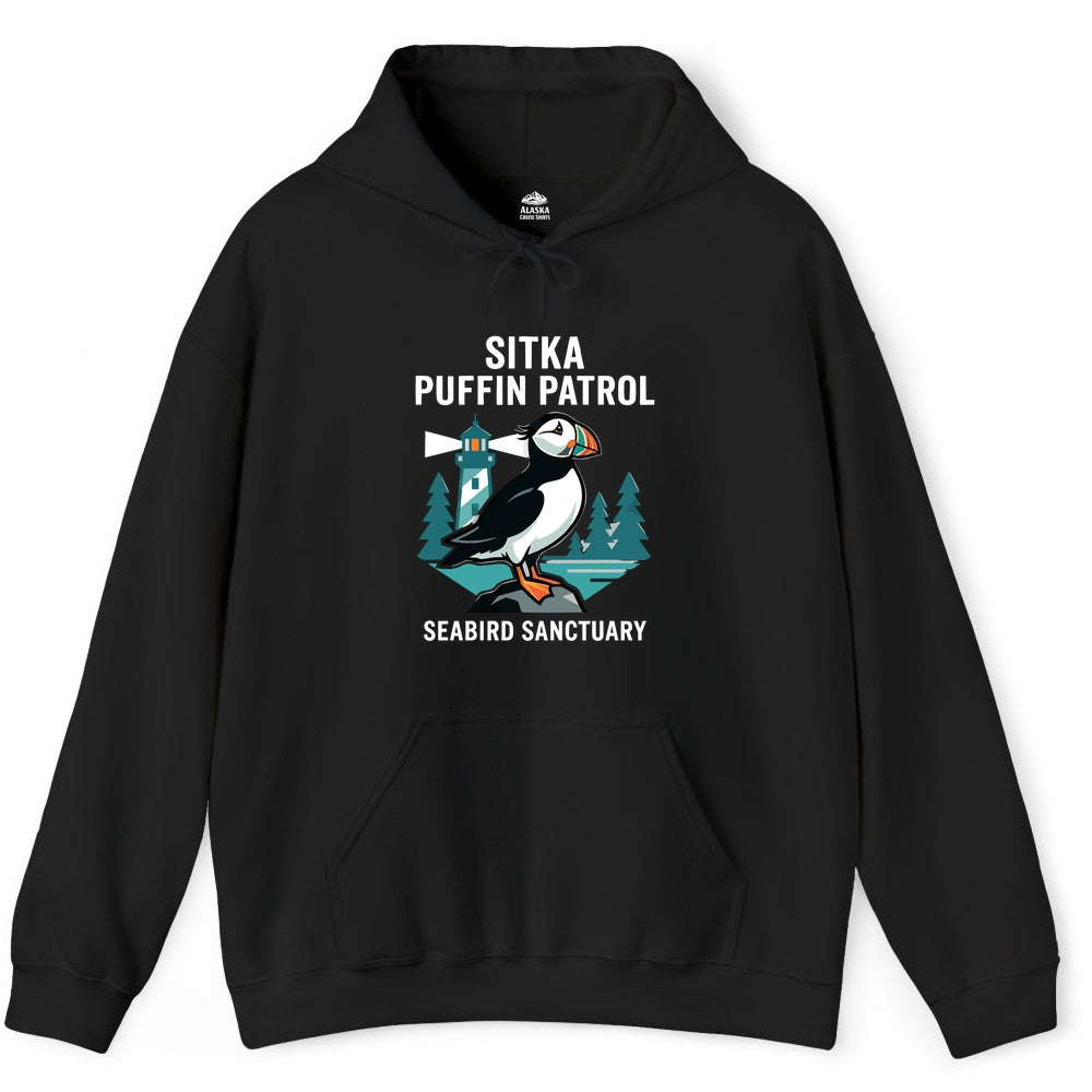 Sitka Puffin Shirt - Bird Sanctuary Tee for Alaska Wildlife Lovers (Hoodie) in Black - Sitka Puffin Bird Sanctuary Shirt - Lighthouse and Forest Alaska Tee