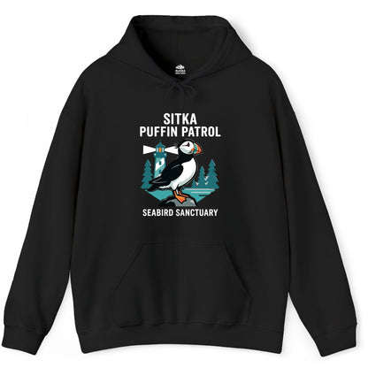 Sitka Puffin Shirt - Bird Sanctuary Tee for Alaska Wildlife Lovers (Hoodie) in Black - Sitka Puffin Bird Sanctuary Shirt - Lighthouse and Forest Alaska Tee