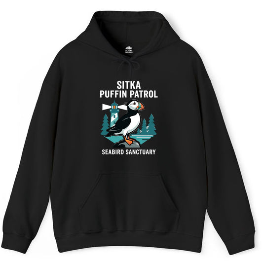 Sitka Puffin Shirt - Bird Sanctuary Tee for Alaska Wildlife Lovers (Hoodie) in Black - Sitka Puffin Bird Sanctuary Shirt - Lighthouse and Forest Alaska Tee