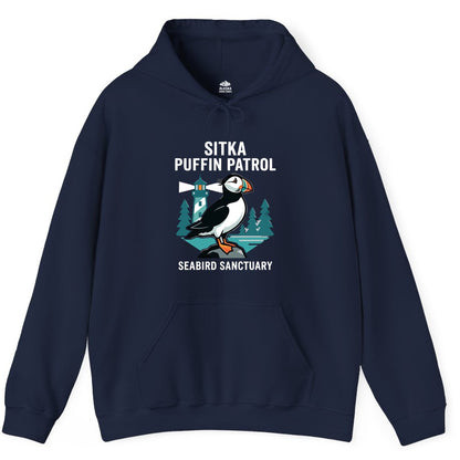 Sitka Puffin Shirt - Bird Sanctuary Tee for Alaska Wildlife Lovers (Hoodie) in Navy - Sitka Puffin Bird Sanctuary Shirt - Lighthouse and Forest Alaska Tee