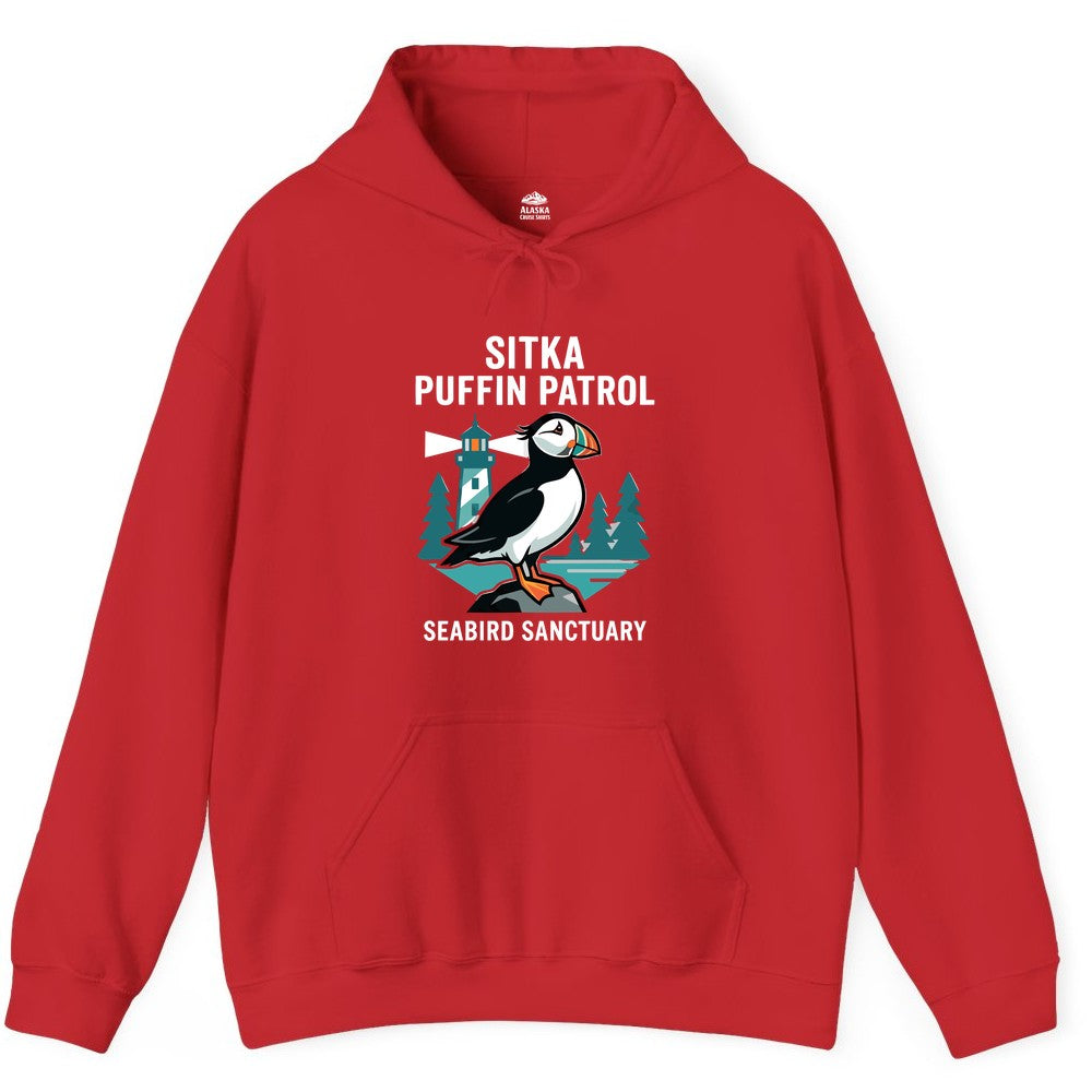 Sitka Puffin Shirt - Bird Sanctuary Tee for Alaska Wildlife Lovers (Hoodie) in Red - Sitka Puffin Bird Sanctuary Shirt - Lighthouse and Forest Alaska Tee