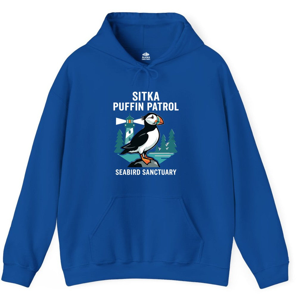 Sitka Puffin Shirt - Bird Sanctuary Tee for Alaska Wildlife Lovers (Hoodie) in Royal - Sitka Puffin Bird Sanctuary Shirt - Lighthouse and Forest Alaska Tee
