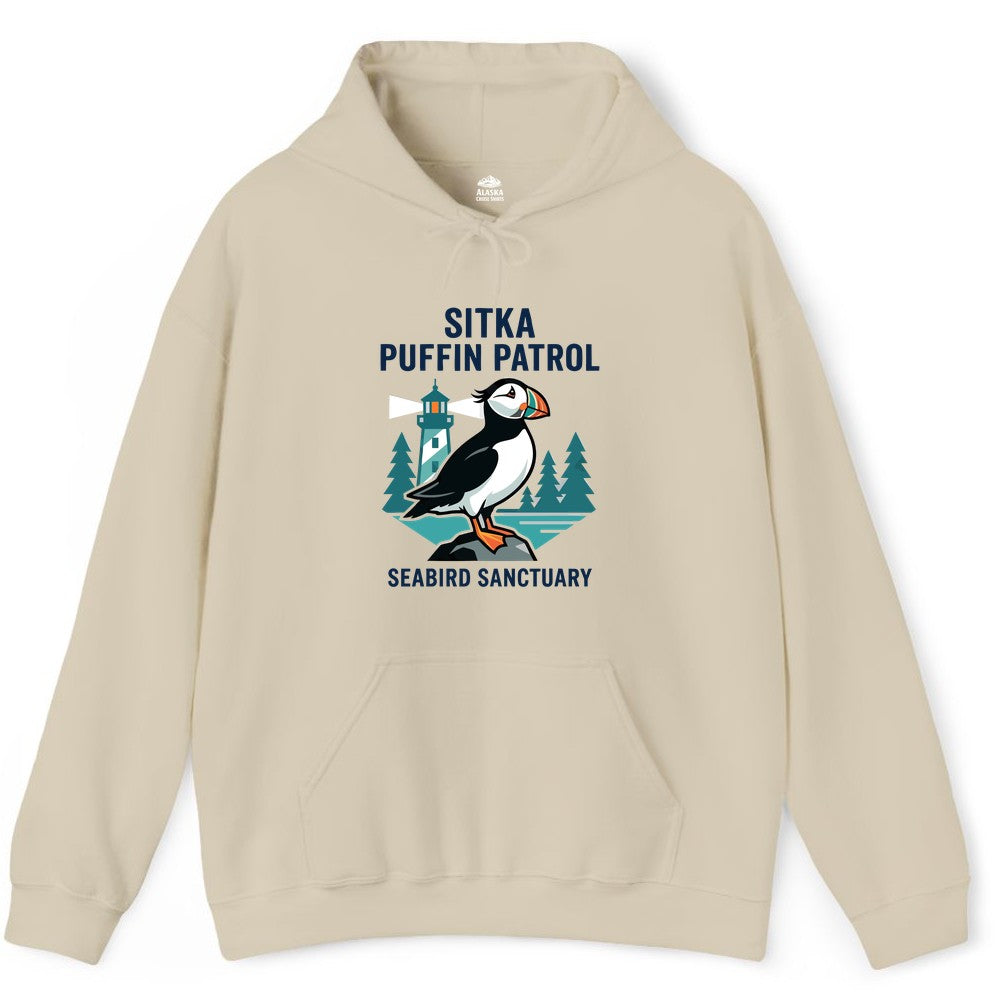 Sitka Puffin Shirt - Bird Sanctuary Tee for Alaska Wildlife Lovers (Hoodie) in Sand - Sitka Puffin Bird Sanctuary Shirt - Lighthouse and Forest Alaska Tee