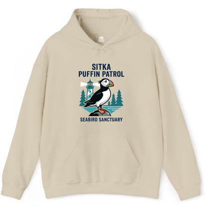 Sitka Puffin Shirt - Bird Sanctuary Tee for Alaska Wildlife Lovers (Hoodie) in Sand - Sitka Puffin Bird Sanctuary Shirt - Lighthouse and Forest Alaska Tee
