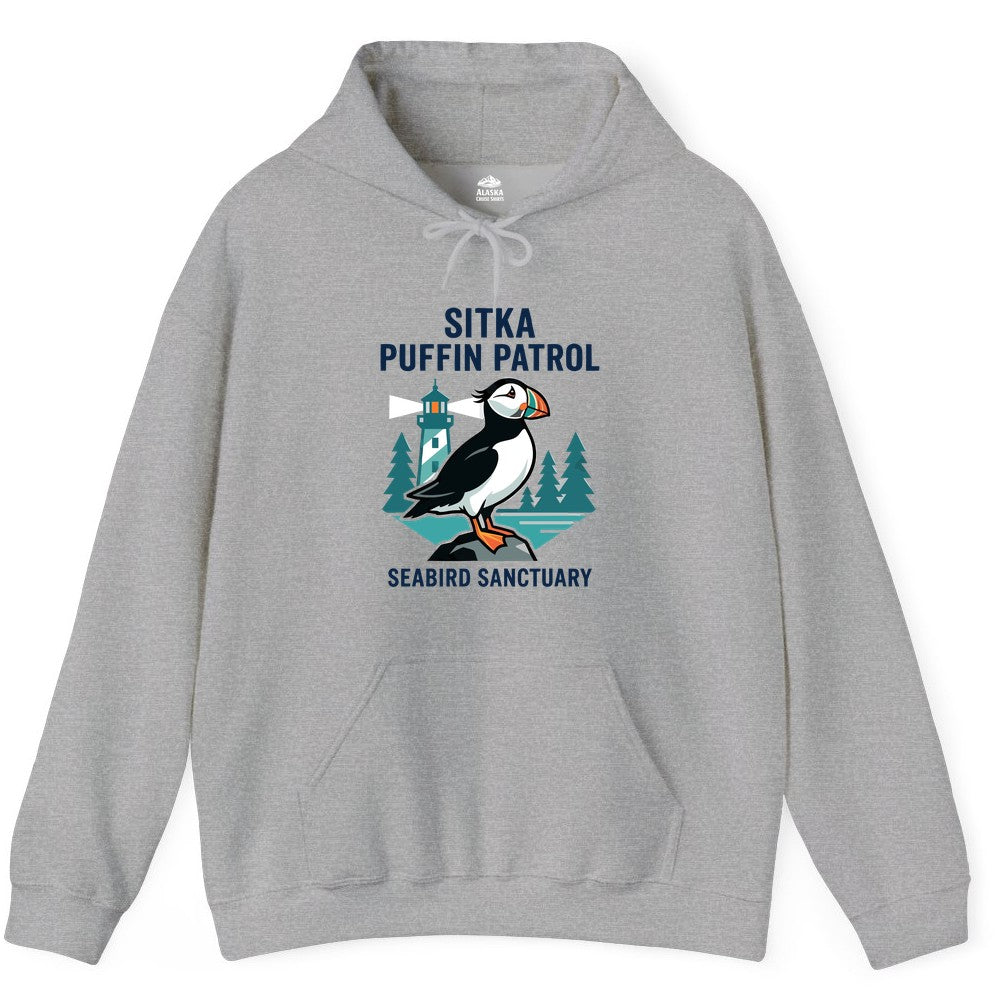 Sitka Puffin Shirt - Bird Sanctuary Tee for Alaska Wildlife Lovers (Hoodie) in Sport Grey - Sitka Puffin Bird Sanctuary Shirt - Lighthouse and Forest Alaska Tee