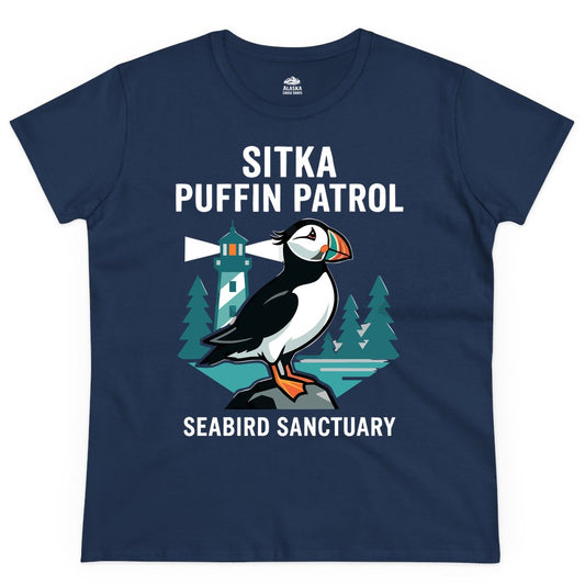 Sitka Puffin Shirt - Bird Sanctuary Tee for Alaska Wildlife Lovers (Ladies Tee) in Navy - Sitka Puffin Bird Sanctuary Shirt - Lighthouse and Forest Alaska Tee