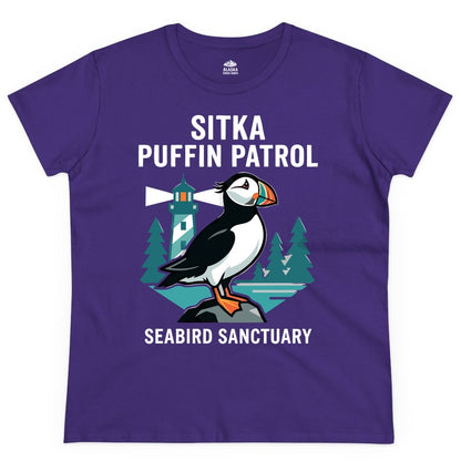 Sitka Puffin Shirt - Bird Sanctuary Tee for Alaska Wildlife Lovers (Ladies Tee) in Purple - Sitka Puffin Bird Sanctuary Shirt - Lighthouse and Forest Alaska Tee