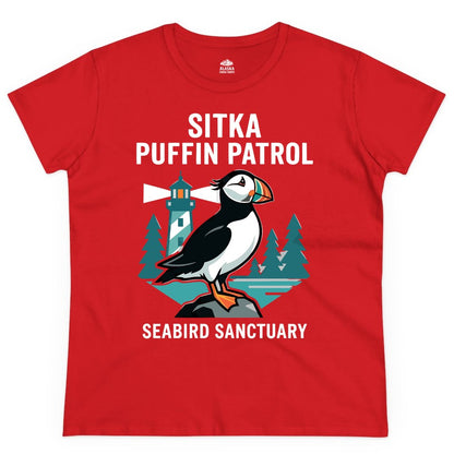 Sitka Puffin Shirt - Bird Sanctuary Tee for Alaska Wildlife Lovers (Ladies Tee) in Red - Sitka Puffin Bird Sanctuary Shirt - Lighthouse and Forest Alaska Tee