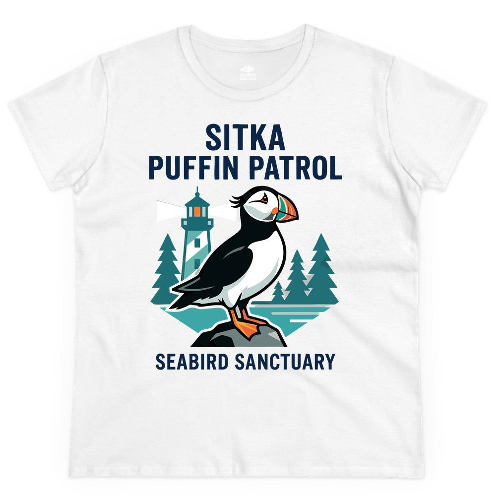 Sitka Puffin Shirt - Bird Sanctuary Tee for Alaska Wildlife Lovers (Ladies Tee) in White - Sitka Puffin Bird Sanctuary Shirt - Lighthouse and Forest Alaska Tee