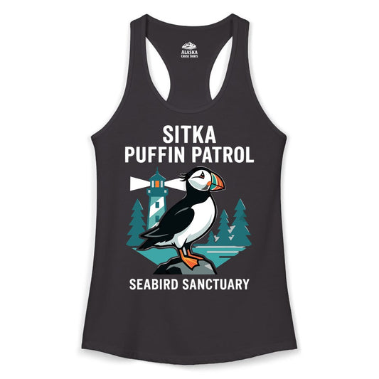Sitka Puffin Shirt - Bird Sanctuary Tee for Alaska Wildlife Lovers (Ladies Tank) in Black - Sitka Puffin Bird Sanctuary Shirt - Lighthouse and Forest Alaska Tee